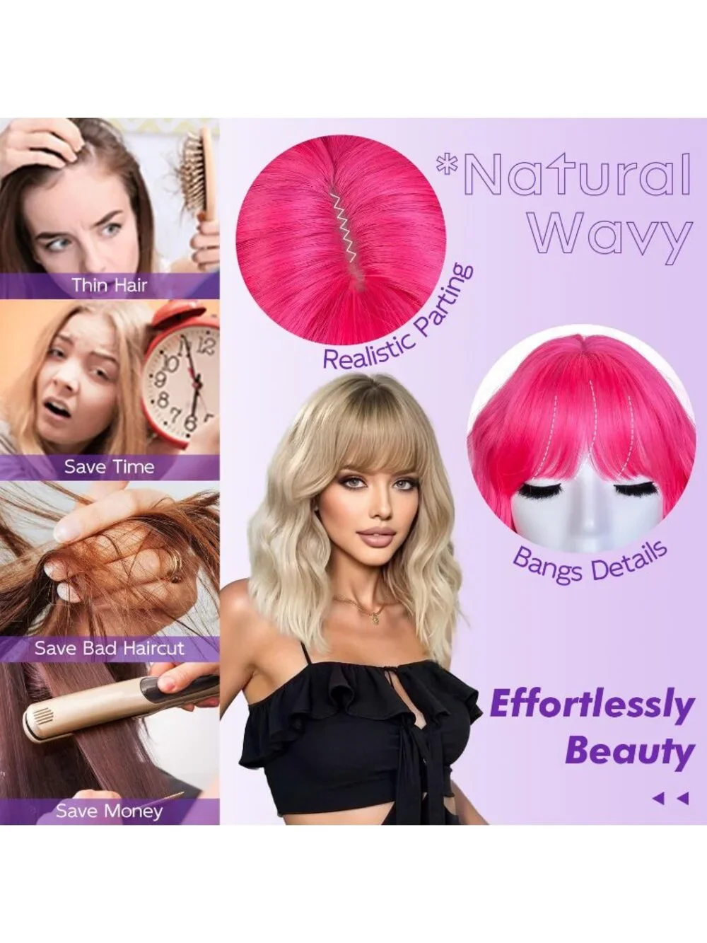 Women's Pink 14 Inch Natural Synthetic Short Curly Wavy Fiber Wigs